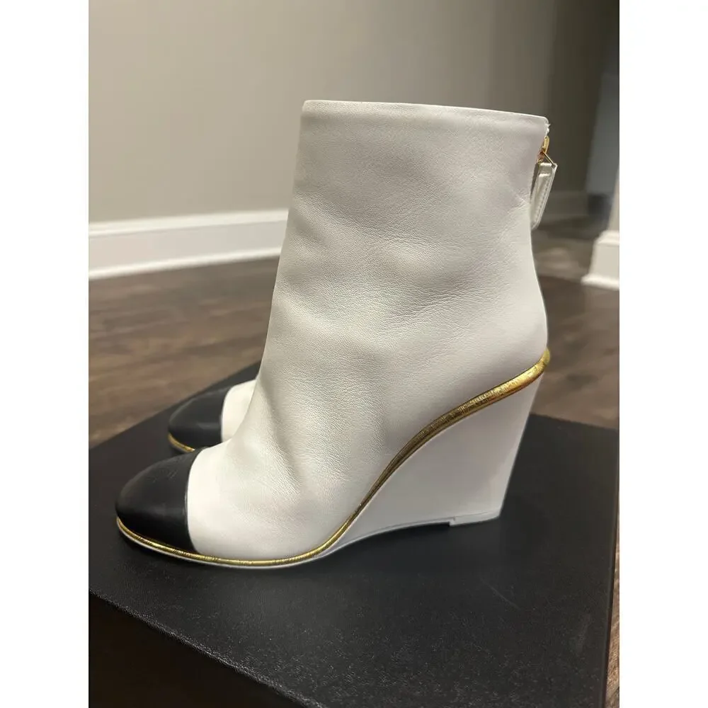 CHANEL Lambskin Cap Toe Wedge Boots White Black Size 38.5 BNIB